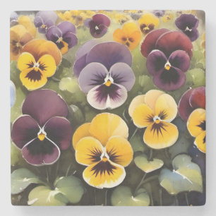 Geel en paarse pansies waterverf schilderij stenen onderzetter