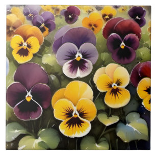 Geel en paarse pansies waterverf schilderij tegeltje