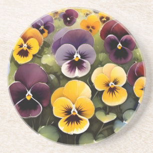 Geel en paarse pansies waterverf schilderij zandsteen onderzetter