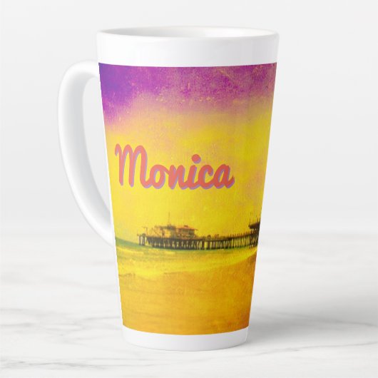 Geel en Paarse Santa Monica Pier Jouw naam Latte Mok (Linkerhoek)
