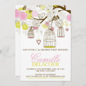 Geel en Roze Birdcages Birthday Uitnodiging (Voorkant / Achterkant)