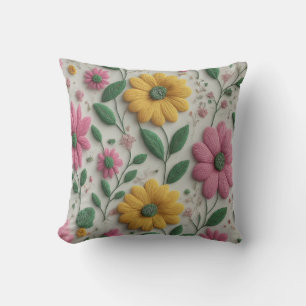 Geel en Roze Bloemen Borduurwerk Textuur Elegantie Kussen