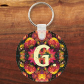Geel en Roze Dahlias Sleutelhanger met monogram (Voorkant)