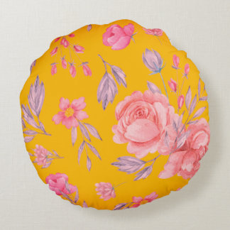 Geel en Roze Floral Print Round Sierkussen Rond Kussen