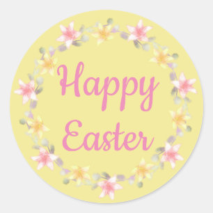 Geel en roze "Happy Easter" bloemenkrans Ronde Sticker