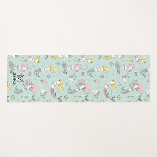 Geel en Roze Mermaid Pattern op Mint Yogamat (Voorkant (horizontaal))