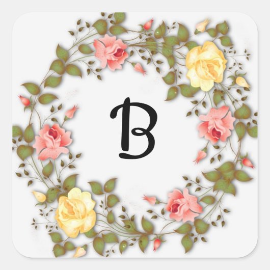 Geel en roze roze monogram patroon vierkante sticker (Voorkant)