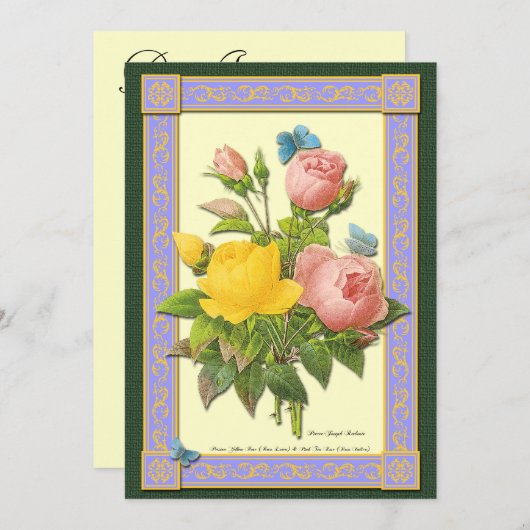 Geel en Roze Rozen Botanische Aangepaste Invitatie Kaart (Voorkant / Achterkant)