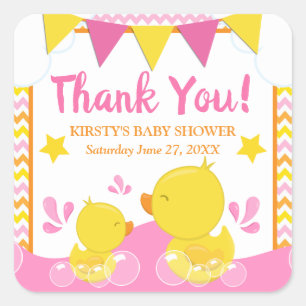 Geel en Roze Rubber Ducky Polka Dot Baby shower Vierkante Sticker