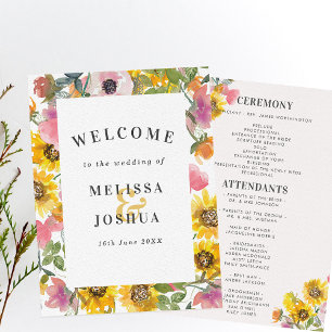 Geel en roze Waterverf Floral Flat Wedding Programma
