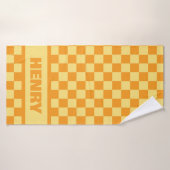 Geel en Sinaasappel Checkerboard Custom Name Handd Badhanddoek (Badhanddoek)