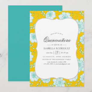 Geel en turquoise bloemstuk Quinceañera Kaart