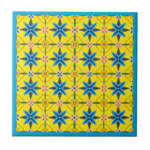 Geel en Turquoise Floral Design Ceramic Tile Tegeltje