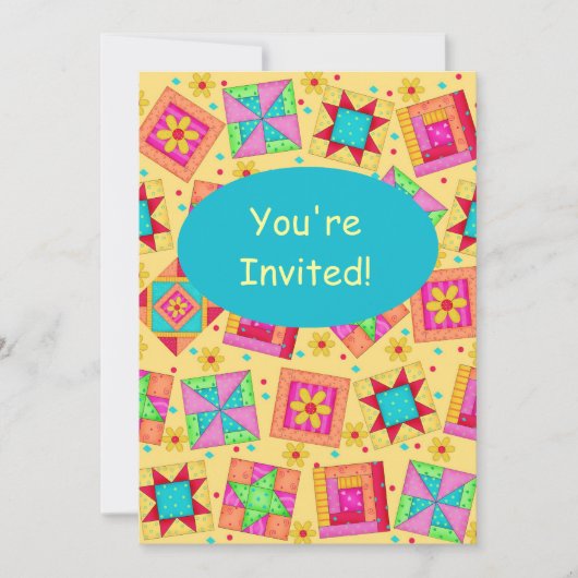 Geel en Turquoise Patchwork Quilt Block Art Kaart (Voorkant)