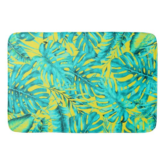 Geel en Turquoise Tropical Palm Leaves Island Badmat (Voorkant)