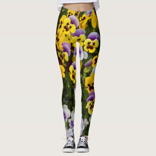 Geel en Violet Pansies Leggings (Voorkant)