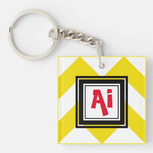 Geel en wit Chevron Custom Red Monogram Sleutelhanger (Voorkant)