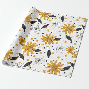 Geel en wit Daisy patroon met donkere bladeren Cadeaupapier