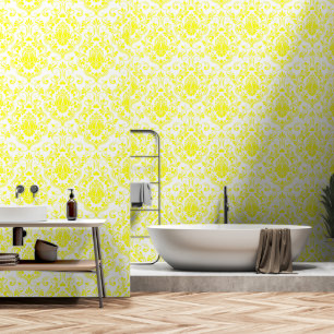 Geel en Wit Damask Bloemschil en stok Behang
