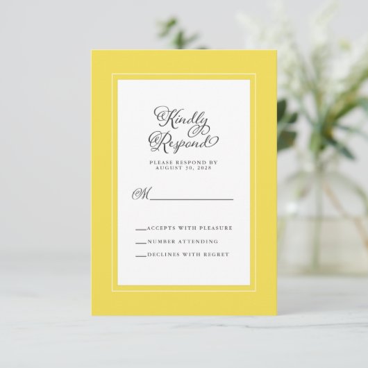 Geel en wit | Elegant Wedding Enclosure RSVP Kaartje (Staand voorkant)