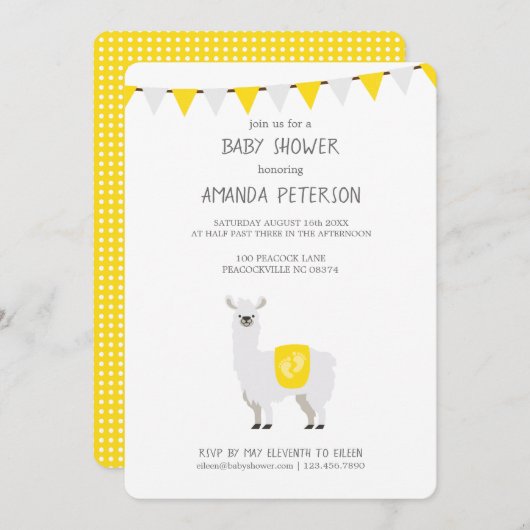 Geel en wit Geslacht Neutral Llama Baby shower Kaart (Voorkant / Achterkant)