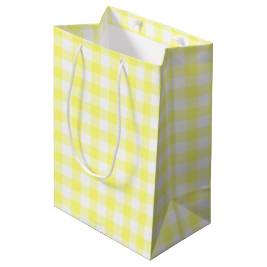 Geel en wit Gingham Medium Cadeauzakje (Voorkant Gekanteld)