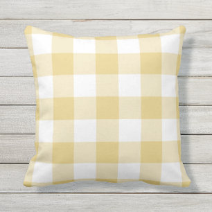 Geel en wit Gingham Pattern, geborduurd Buitenkussen