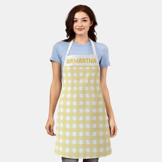 Geel en wit Gingham-spelpatroon Schort (Gedragen)