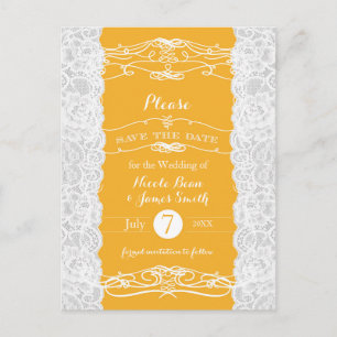 Geel en wit Lace Elegant Wedding Save the Date Aankondigingskaart