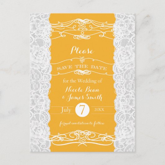 Geel en wit Lace Elegant Wedding Save the Date Aankondigingskaart (Voorkant)