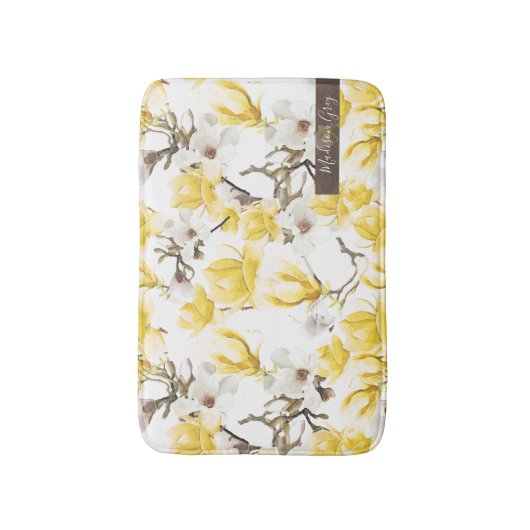 Geel en wit Magnolia Blossom Waterverf Patroon Badmat (Voorkant Verticaal)
