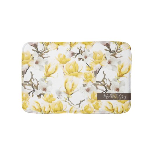 Geel en wit Magnolia Blossom Waterverf Patroon Badmat (Voorkant)