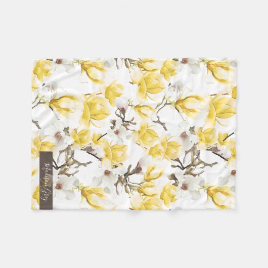 Geel en wit Magnolia Blossom Waterverf Patroon Fleece Deken (Voorkant (Horizontaal))