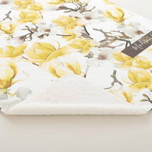 Geel en wit Magnolia Blossom Waterverf Patroon Sherpa Deken (3/4)