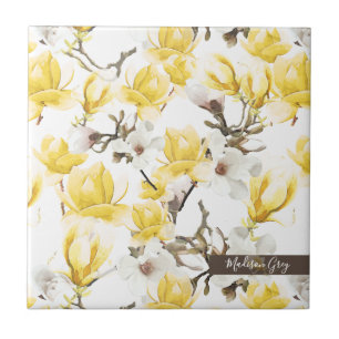 Geel en wit Magnolia Blossom Waterverf Patroon Tegeltje