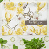 Geel en wit Magnolia Blossom Waterverf Patroon Theedoek (Gevouwen)