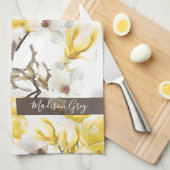 Geel en wit Magnolia Blossom Waterverf Patroon Theedoek (Quarter Fold)