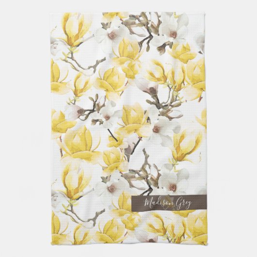 Geel en wit Magnolia Blossom Waterverf Patroon Theedoek (Verticaal)