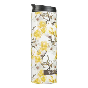Geel en wit Magnolia Blossom Waterverf Patroon Thermosbeker