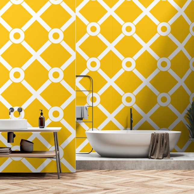 Geel en wit modern rooster behang (Badkamer)