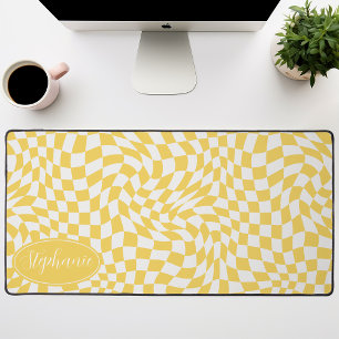 Geel en Wit Retro Hippie Golvend Dambordpatroon Bureaumat
