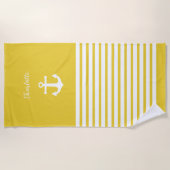 Geel en wit Stripes Nautical Personalized Strandlaken (Voorkant)