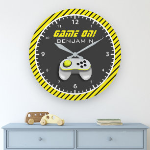 Geel en witte videogamecontroller kinderkamer grote klok