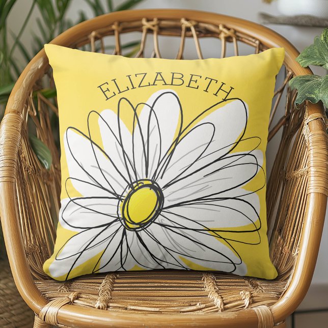 Geel en Witte Whimsical Daisy met de Tekst van de  Kussen (Custom Monogram Pillow)