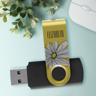 Geel en Witte Whimsical Daisy met de Tekst van de  Swivel USB 2.0 Stick