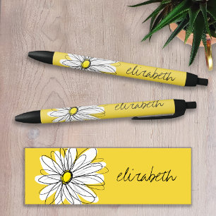 Geel en Witte Whimsical Daisy met de Tekst van de Zwarte Inkt Pen