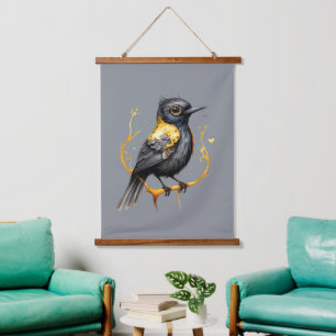 Geel en Zwart Abstract Geel Gevleugeld Blackbird Hangend Wandkleed