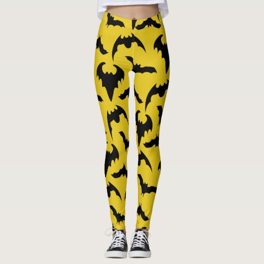 Geel en zwart Bats Halloween Leggings (Voorkant)