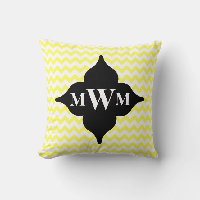 Geel en zwart chevron monogram kussen (Voorkant)