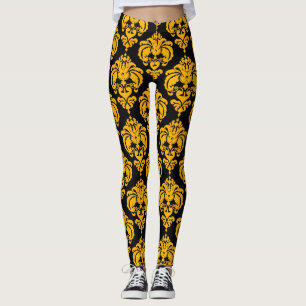 Geel en zwart Damask Chic Modern Elegant Patroon Leggings